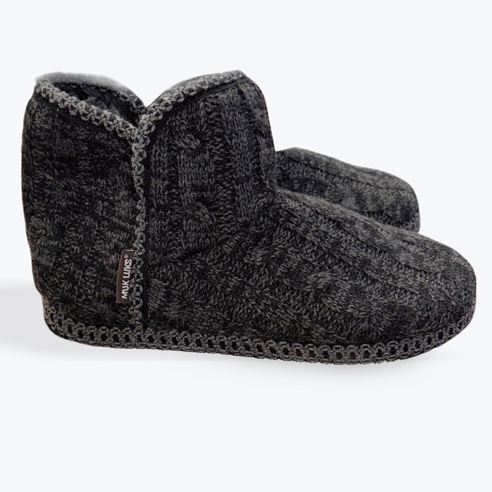Muk Luks Women's Cable Knit Bootie Slippers Ebony Dark Grey M 7-8